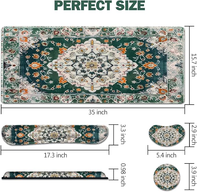 AIMSA Desk Mat Set, Large Mouse Pad + Mouse Wrist Rest + Keyboard Wrist Support + Coaster, 4in1 Rug Gaming Mouse Pad Combo for Home Office, Retro Boho Art