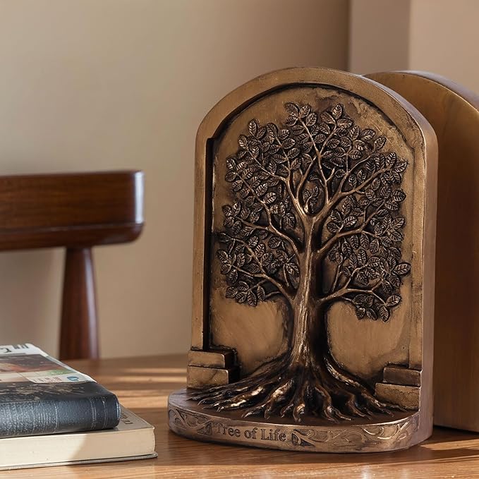 Large Vintage Bronze Finish Tree of Life Bookends Set, 2 Non-Skid Heavy Bookends for Shelves or Bookcase, Decorative Bookends for Desktop Shelf Decor, Library Office Decor, Home Décor Gift