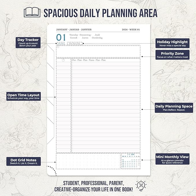 Daily Planner 2026 with One Page Per Day,(A5-8.5" x 5.9"),12 Months Calendar Hourly Appointment Book Monthly Tabs&Self-adhesive Pen Holder,Inner Pocket,3D Designed Flower Cover,Green