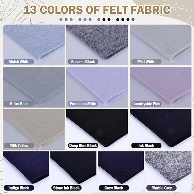 XSEINO 13 Rolls 8"x35" 1.4mm Thick Soft Felt Fabric Sheet 13 Assorted Black White Series Colors Felt Pack Pastel Felt Sheets for DIY Craft Sewing Squares Nonwoven Patchwork