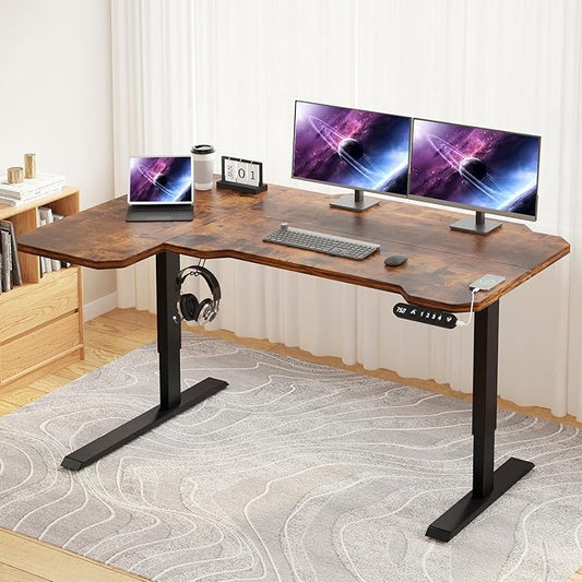 Electric Height Adjustable Standing Desk, 59 L-Shaped Sit - Stand Desk for Work or Home Office Push Button Memory Settings Brown Splice Board/Black Frame