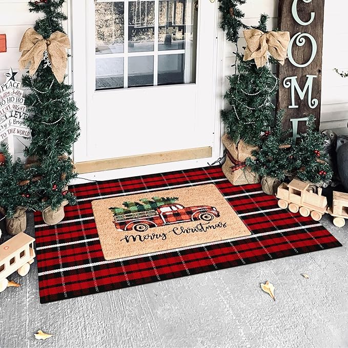 KIMODE Christmas Door Mat Outdoor 24"X51",Red/Black Buffalo Plaid Rug,Washable Cotton Hand-Woven Layered Door Mats,Reversible Outdoor Christmas Decor for Front Porch,Entryway,Kitchen
