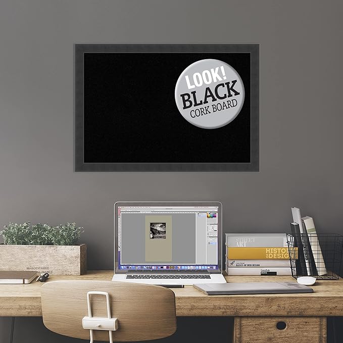 Amanti Art Black Cork Board for Wall, 18x26 Vision Board with Black Wood Frame, Medium Corkboard Office Decor for Home Organization, Modern Contemporary Corkboard Pinboard to display items for home