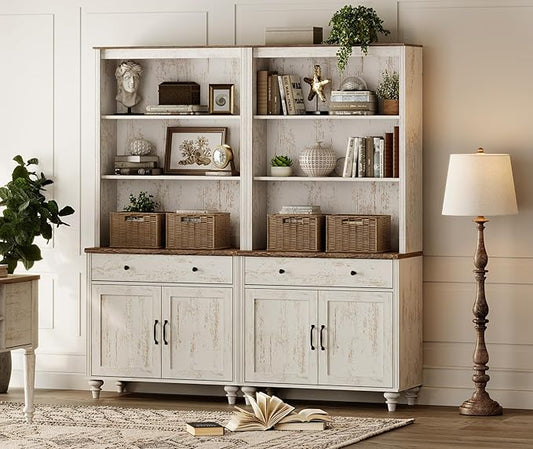 WAMPAT 5 Tier Bookshelf 72" Tall Bookcase with Barn Doors, Large Farmhouse Display Book Shelf with 2 Drawers and Storage Cabinet, Library Wood Bookshelves for Living Room,Kitchen, Rustic White (2PCS)