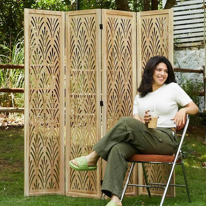 5.6Ft Room Divider Folding Wood Simple Carved Partition Screen for Home Office Garden - 4 Panels (Natural)