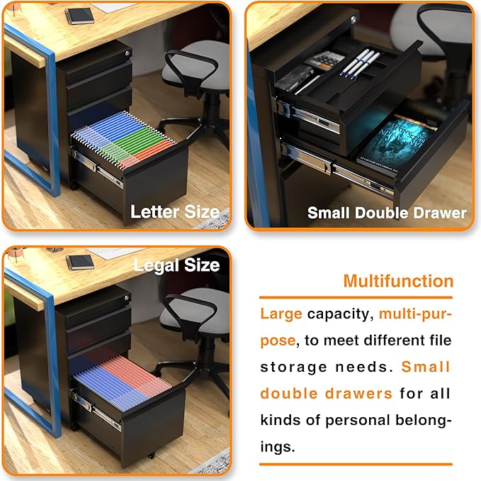 Aobabo Steel 3 Drawer Mobile File Cabinet with Lock, Under Desk Metal Filing Cabinet, 23.6''H A4/Legal/Letter Size Fully Assembled Except Wheels, Black