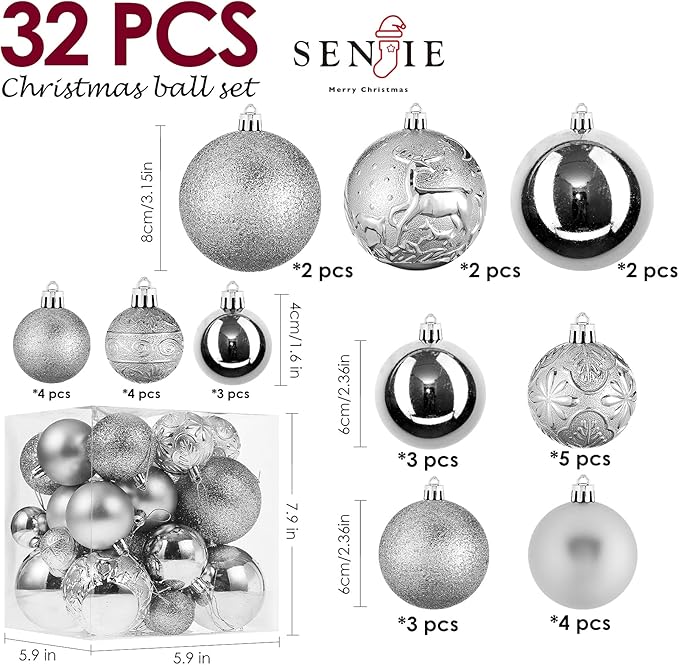 Christmas Ornaments for Xmas Trees,Silver Shatterproof Christmas Ball Ornaments
