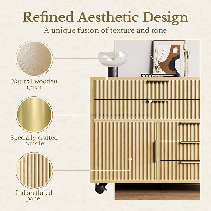 Fluted File Cabinet with 5 Drawers, Large Storage with Cabinet Door, Mobile Filing Cabinet with Locable Wheels for Home Office, Light Walnut