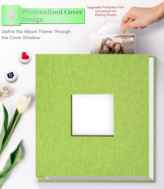 Photo Album Self Adhesive Scrapbook Album for 3x5 4x6 5x7 8x10 Pictures,120 Pages Linen Cover with Display Window DIY Photo Book,Ideal Gifts for Family Travel Wedding Baby