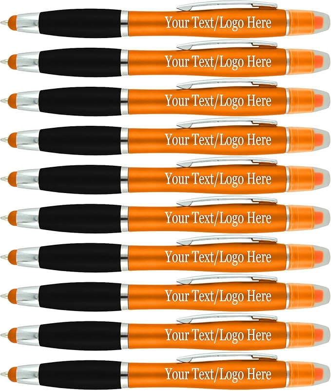 Personalized Pens with Gel Highlighter and Stylus -200 Pack Bulk-Free Imprint - 3 In Bible Highlighter No Bleed, Ballpoint Pen, and Stylus Combo- add Custom Name, Logo or Gift Message- Orange