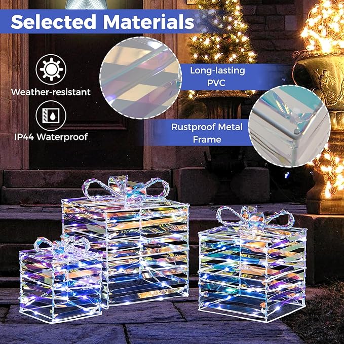 Tangkula Set of 3 Christmas Lighted Gift Boxes, Pre-lit 90 LED Light Up Present Box Decorations with Bows and Plug, Indoor Outdoor Xmas Boxes for Christmas Tree, Holiday Party Decorations