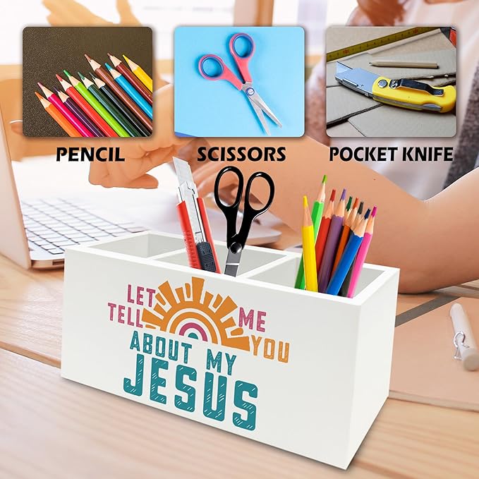 Boho Jesus Christian Pen Pencil Holder Organizer for Desk, Let Me Tell You about My Jesus Bible Verse Wooden Box Signs Decorations for Home Office Desk Tabletop