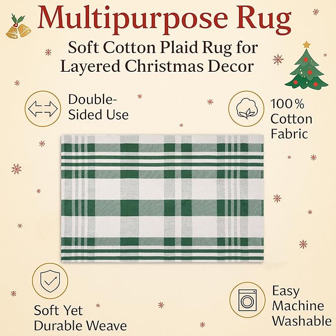 Christmas Green & White Check Rug - 4' x 6' Outdoor Front Door Decor Mat Cotton Washable Hand-Woven Rug Christmas New Year Holiday Porch Entryway Layered Doormat
