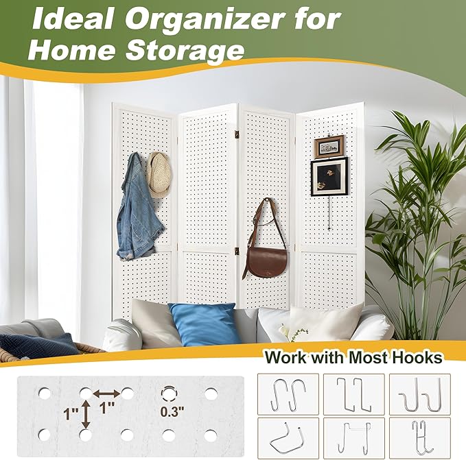 NicBex Room Divider 4 Panel Pegboard Display 5.6FT Wood PegBoard Room Dividers, Folding Privacy Screens Portable Display Board Wall Divider for Craft/Art Shows, Room Separation, White