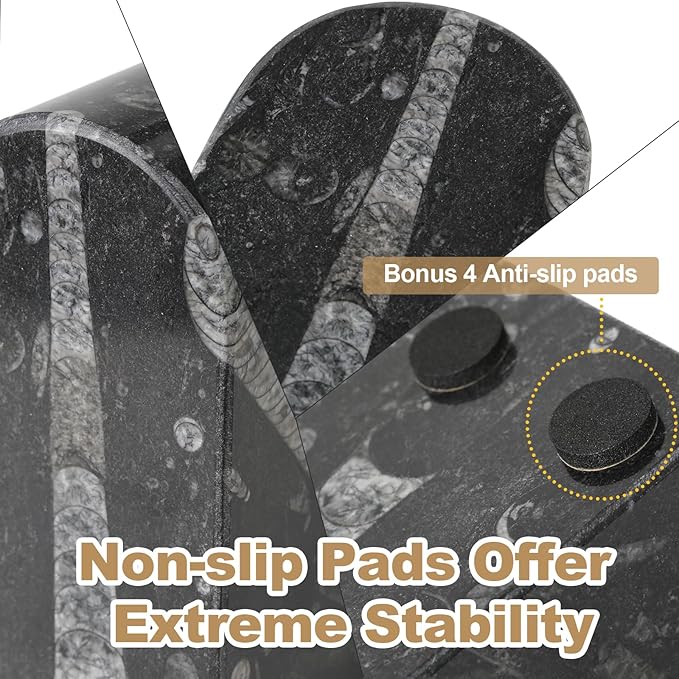 Koville Moroccan Natural Marble Bookends for Shelves, Decorative Book Ends, 7lbs Heavy-Duty Marble Book Holders, Bookshelf Apartment Decor for Normal Books/CD/Video Games(Black Fossil)