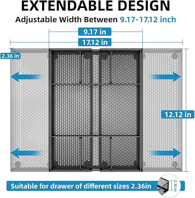 Marbrasse Expandable Desk Drawer Organizer, Mesh Drawer Organizer Tray with 10 Adjustable Compartments, Desk Organizers and Accessories for Office Supplies, Makeup & Vanity (Expandable Black-2 pack)