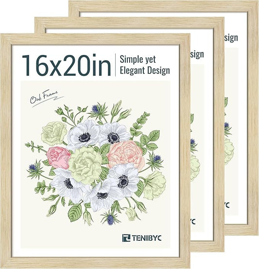 16x20 Picture Frames Set - 3 Pack - Natural Oak Wood - Tempered Glass - Display Family Photos, Wall Gallery, Posters & Puzzles - Home Decor