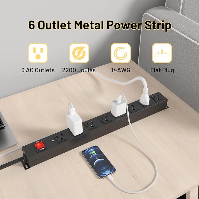 KF 8 Outlet Heavy Duty Power Strip Surge Protector, 2100J Surge Protection Black Power Strip, 15A/1875W Mountable Power Strips, 14AWG 6FT Extension Cord, Black(8FT-2100J)