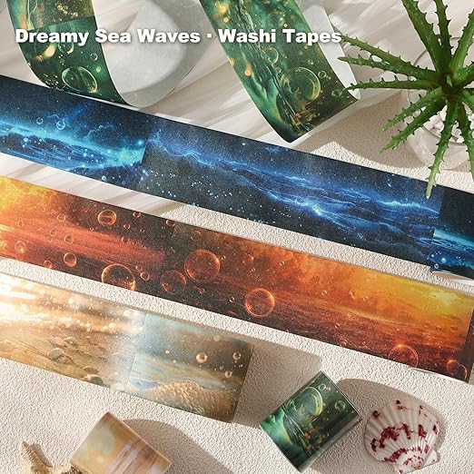 Ocean Fantasy Washi Tape Set – 6 Rolls with Dreamy Sunset, Wave and Bubble Patterns for Scrapbook, Journal, DIY Cards, with Mini Clip