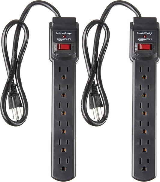 Amazon Basics Surge Protector Power Strip, 6-Outlet with 200J Protection, 2ft Extension Cord, Rectangle, Black (2 Pack)
