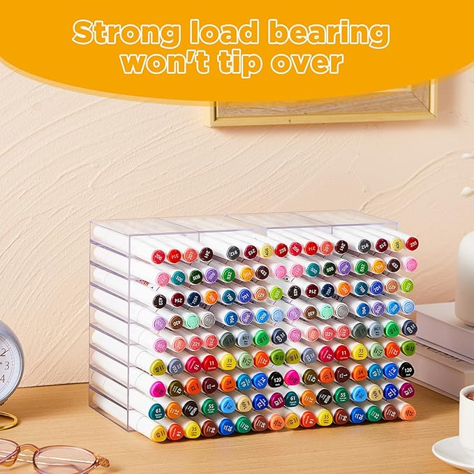 2 Pcs Acrylic Marker Organizer Desktop Storage Hold 144 Marker, Clear Pencil Holder Stand Art Brushes Stationary Display with 18 Compartments for School Classroom Desk Home Office Supplies