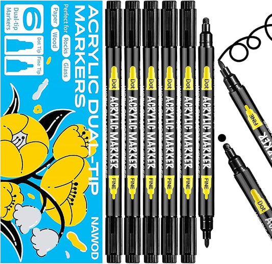 NAWOD 6 Black Acrylic Paint Pens, Acrylic Paint Markers Dual Tip (Fine 1mm + Dot 5mm), Acrylic Permanent Markers for Rock, Fabric, Canvas, Ceramic, Glass, Wood, Paper, Labeling, Drawing, DIY Crafts