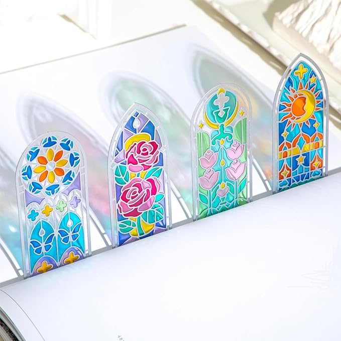4 Pcs Stained Glass Window Metal Bookmark, Elegant Religious Christian Book Mark Gift for Bible Readers, Handmade Transparent Gothic Arch Bookmarks for Women Men, Lightweight Durable Bible Accessories