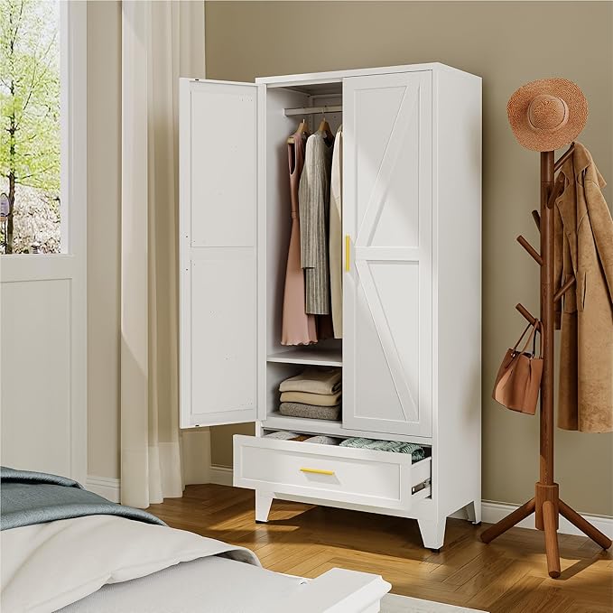 Farmhouse Wardrobe Cabinet with One Drawers,Metal Wardrobe Closet with Hanging Rod,Metal Armoire with Adjustable Shelves for Bedroom,Living Room, Cloak Room,Office (White)
