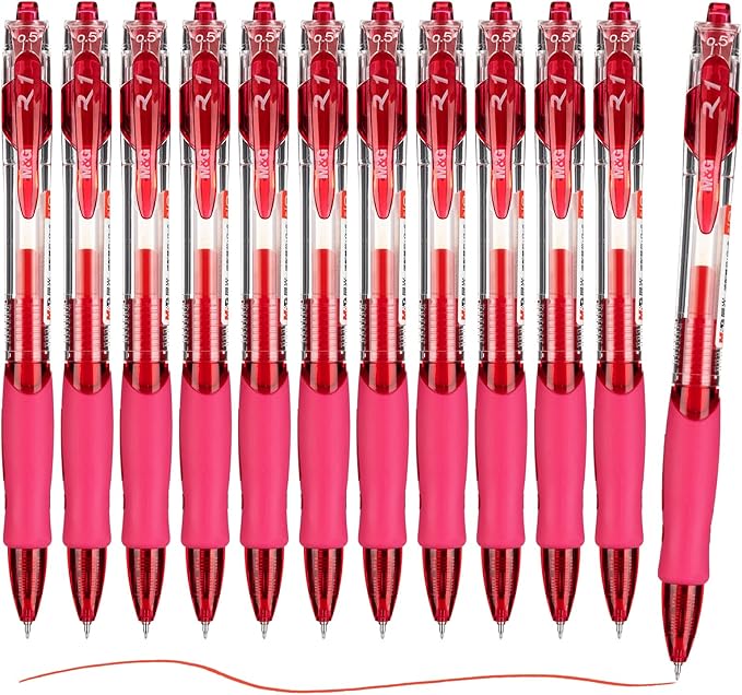 M&G 12Pcs Gel Pens, 0.5mm Red Ink Gel Pens Fine Point, Quick Dry Gel Ink Pens Bulk Smooth Writing with Soft Anti-Slip Grip Retractable Design for Journaling Coloring Office Supplies School Women Men