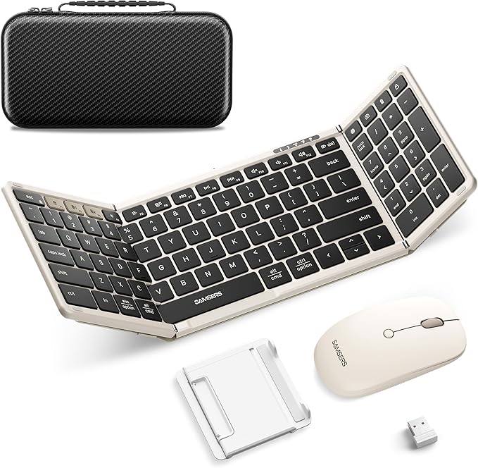 Foldable Keyboard and Mouse, Samsers Folding Bluetooth Keyboard Combo, 2.4G + BT5.0 x 2, Full-Size Portable Travel Keyboard & Rechargeable Wireless Mouse for Windows Android iOS Mac OS, Starlight