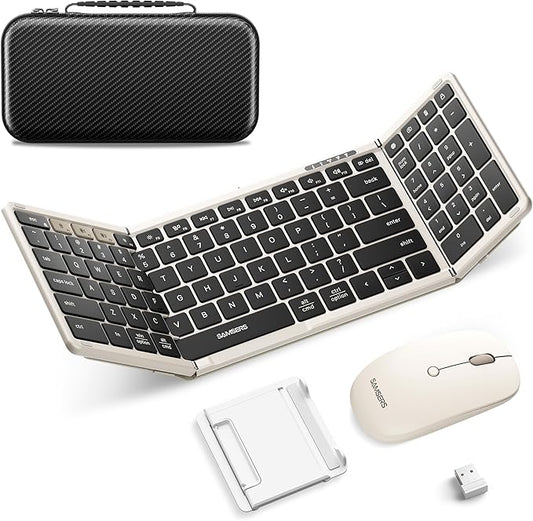 Foldable Keyboard and Mouse, Samsers Folding Bluetooth Keyboard Combo, 2.4G + BT5.0 x 2, Full-Size Portable Travel Keyboard & Rechargeable Wireless Mouse for Windows Android iOS Mac OS, Starlight