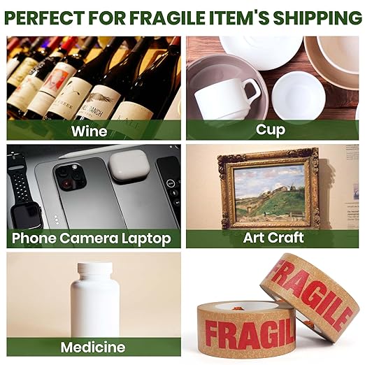 TAPEBEAR Fragile Tape Eco-Friendly Kraft Paper Tape 2Inch x 55Yard, Biodegradable Packaging Brown Paper Tape Self Adhesive Box Tape for Small Business, Shipping, Sealing, Moving, 6Rolls