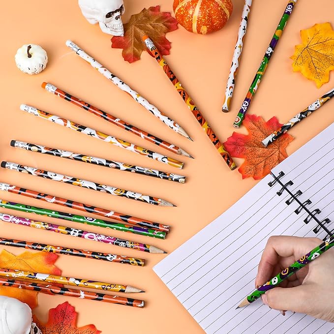 LOMIMOS 120pcs Halloween Pencil Bulk,Colorful Wooden with Eraser 12 Patterns Stationery for Kid Trick or Treat Gift Prize Party Favor School Office Supply Goody Bag Classroom Reward
