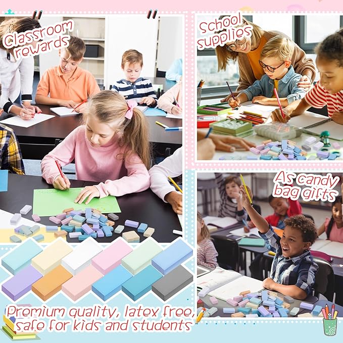 144 Pcs Bulk Erasers for Kids Pencil Erasers First Day of School Gifts for Student Pastel Colors Neon Colors Cute Party Favor for Classroom Art Office, Back-to-school Supplies(Stylish Color)