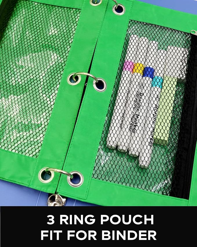 3 Ring Binder Pencil Pouch - School Pencil Case with 2 Zippered Pockets, Clear Mesh Window Pencil Bag, B5 Size, Back to School Gifts (Green)