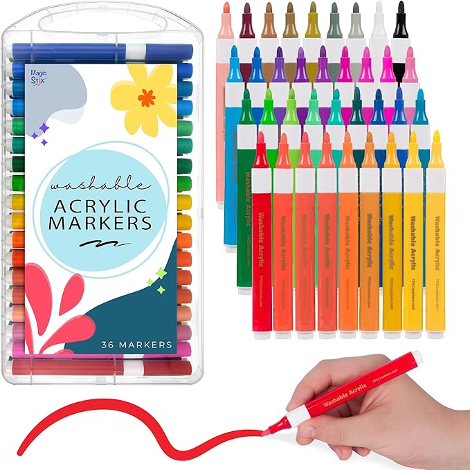The Pencil Grip Magic Stix Washable Acrylic Markers for Kids and Teens, 36 Non-Toxic Colors, Allergen-Free, Vibrant Paint Pens for Crafting and DIY