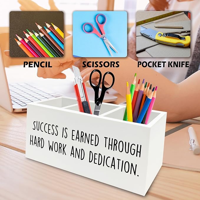 Motivational Gifts Pen Pencil Holder Organizer for Desk, Success Is Earned Through Hard Work and Dedication Inspirational Wooden Box Signs Decorations for Home Office Desk Tabletop