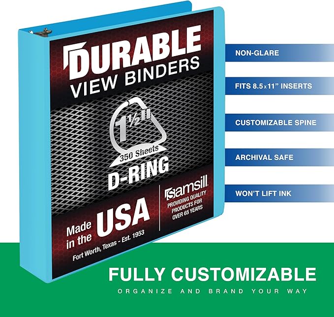 Samsill Durable 1.5 Inch Binder, Made in The USA, D Ring Binder, Customizable Clear View Cover, Sky Blue, Holds 350 Pages