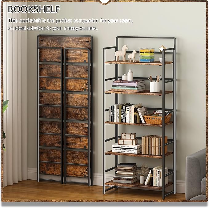 4NM No Assembly 5 Tiers Folding Bookshelf Storage Shelves Vintage Bookcase Standing Racks Study Organizer Home Office (Rustic Brown Black)