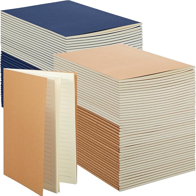 Mimorou 100 Pcs Kraft Notebook Journals 5.5 Inch x 8.3 Inch A5 Softcover Notebooks Bulk for Writing Sketch Office Notepad with 60 Pages 30 Sheets(Brown, Navy,Lined)