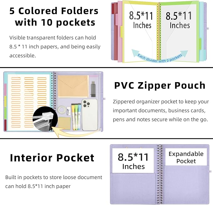 Ospelelf Foldable Spiral Clipboard Folio with Storage Zipper Pouch, 5 Plastic Folders with 10 Pockets, Refillable Lined Notepad (11" x 8.5"), Linen Hardcover Project Organizer (Light Purple)