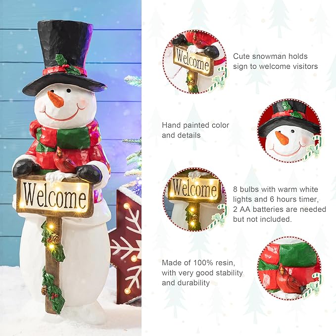 Glitzhome 29.25"H Christmas Resin Snowman Porch Decor with 8 Warm Lights and Timer, Xmas Winter Wall Yard Standing for Patio Front Porch Indoor Outdoor Home Welcome Sign Decor