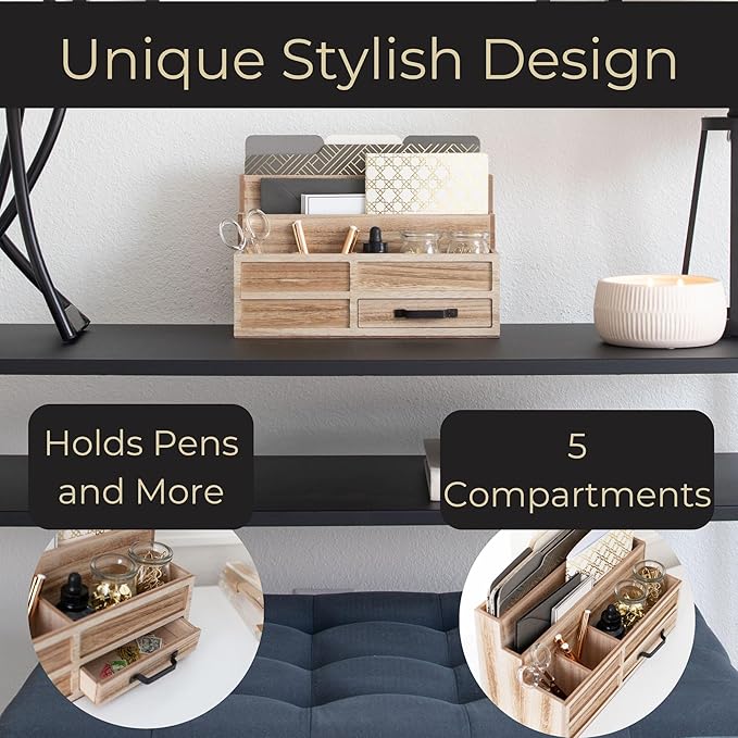 BLU MONACO Natural Wood Mail Organizer with Drawer & Pen Holder – Desk Organizer for Bills, Storage, Countertop & Kitchen