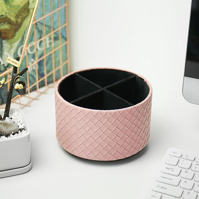 Hennaja Round Leather Art Supply Organizer,Remote Control Holder,360 Degree Spinning,Multi-Functional Pencil Holder,4 Compartments Desktop Stationary Organizer(1-Weave Pink)