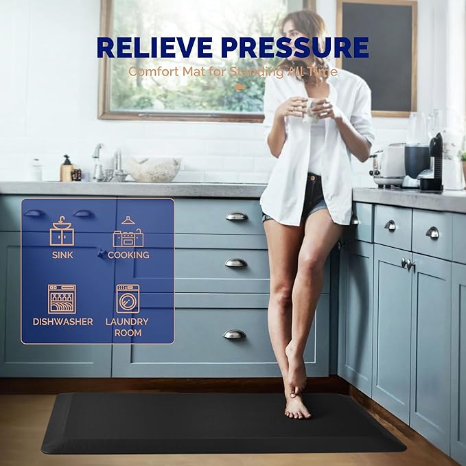 Anti Fatigue Mat Kitchen Floor Mat, FEATOL Standing Desk Mat Foam Cushioned Anti Fatigue Mats Comfort Standing Pad 9/10 Inch Thick (Black, 20x59x9/10-Inch)