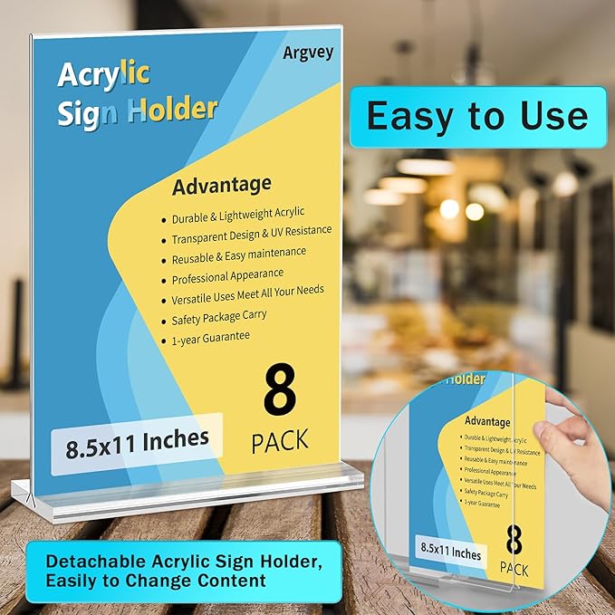 Argvey 8 Pack Acrylic Sign Holder 8.5 x 11 Vertical, Clear T Shape Table Menu Display Stand, Multi-function Plastic Double-Sided Paper Picture Frames Flyer Document Holder for Displaying