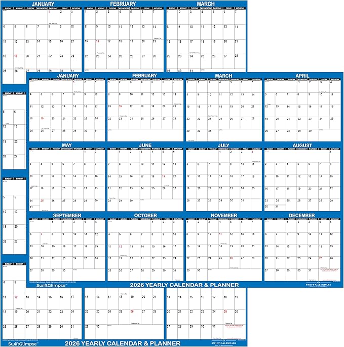 24" x 36" SwiftGlimpse 2026 Wall Calendar Erasable Large Wet & Dry Erase Laminated 12 Month Annual Yearly Wall Planner, Reversible, Horizontal/Vertical, Navy