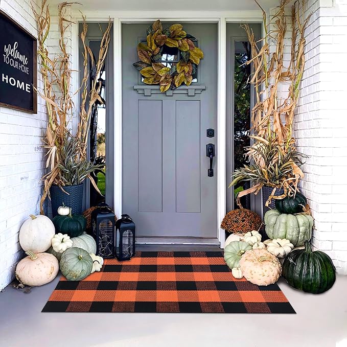 Orange and Black Plaid Rug, 28'' x 43'' Fall Outdoor Front Door Decor Mat, Cotton Washable Hand-Woven Rug for Layered Doormat, Autumn Halloween Thanksgiving Carpet for Porch, Entryway