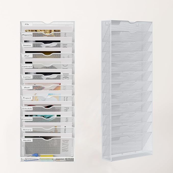 13 Tier Hanging Wall File Holder, Metal A4 Wall Mounted Document Holder, Vertical Hanging Mail Organizer, Magazine Storage Rack with Tray for Office Home Classroom, White