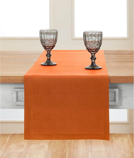 Solino Home Linen Pumpkin Table Runner 48 Inches - 100% Pure Linen Farmhouse Short Table Runner 14 x 48 Inch Ideal for Dresser and Coffee Tables - Fete - Fall, Autumn, Thanksgiving, Holiday